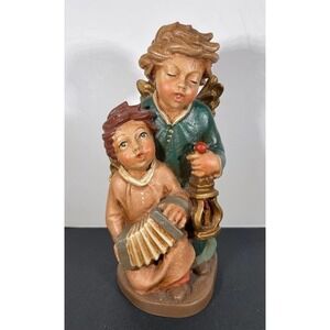 Couple Of Angels With Lantern Demi Art Wooden Sculpture Made In Italy 3.94"